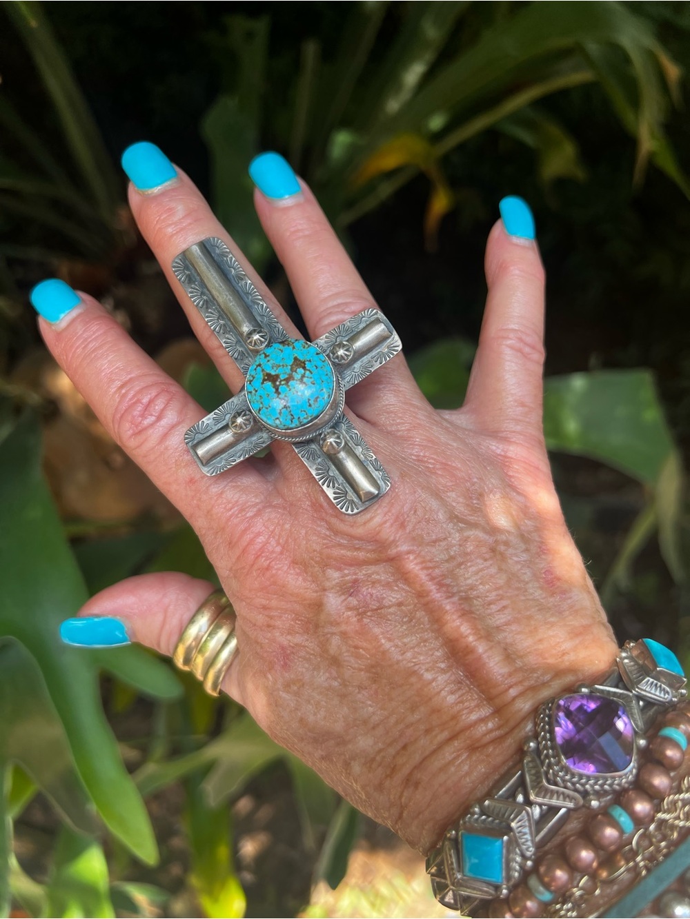 Sandra Nez Navajo Kingman Turquoise Sterling Silver Cross Ring Size 10 - Picture 5 of 15